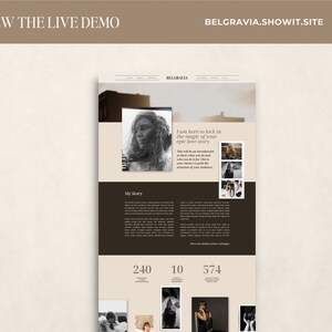 May include: A website design mockup with a neutral color palette. The design includes sections for a story, photos, and statistics. The text "VIEW THE LIVE DEMO" and "BELGRAVIA.SHOWIT.SITE" are visible.