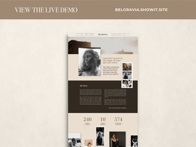 May include: A website design mockup with a neutral color palette. The design includes sections for a story, photos, and statistics. The text "VIEW THE LIVE DEMO" and "BELGRAVIA.SHOWIT.SITE" are visible.