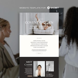 May include: A website template for Showit featuring a clean layout with a white background, black text, and a hero section titled Covent Garden. The design includes sections for business strategy, a Meet Cassie profile, and photography.