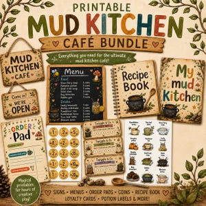 May include: Printable Mud Kitchen Cafe Bundle featuring signs, menus, order pads, coins, a recipe book, and loyalty cards. Includes a menu with food and drink options, a recipe book, and decorative elements. Ideal for creative play.