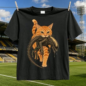 May include: A black short-sleeve t-shirt featuring a graphic illustration of an orange tabby cat walking forward while carrying a dark, biomechanical creature with a long, segmented tail and an elongated head in its mouth.