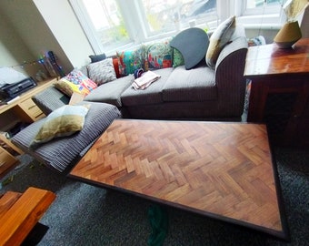 Handmade coffee table made with mid-century reclaimed teak parquet