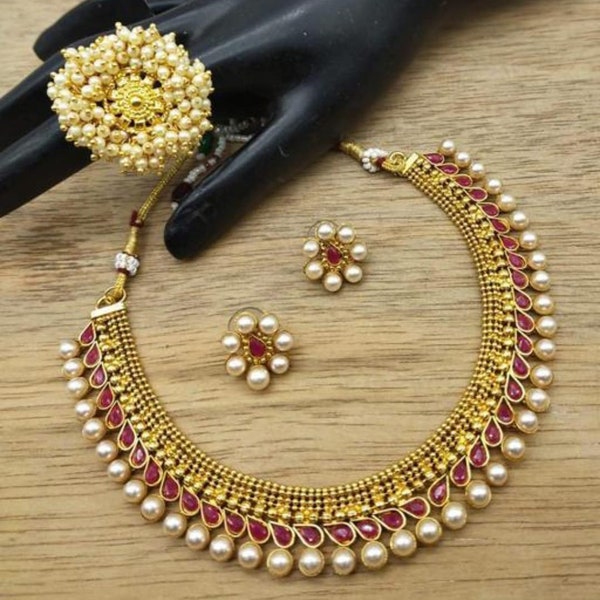Floral Gold Plated Jewellery Set With Finger Ring /South Indian Necklace / Choker Necklace / Choker Set/ Vintage / Bollywood Jewelry/