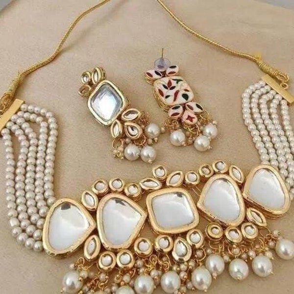Kundan Indian fancy Pearls Polki faceted white beaded Choker Necklace set / Kundan Choker Set/ Choker Necklace/ Kundan Choker Set / Necklace