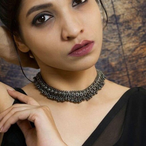 Ghungroo Black Polish Choker/ Choker Necklace for Women/ Kundan Choker / Vintage / Bollywood Jewelry/ Indian Jewelry/ Gifts/ Silver Necklace