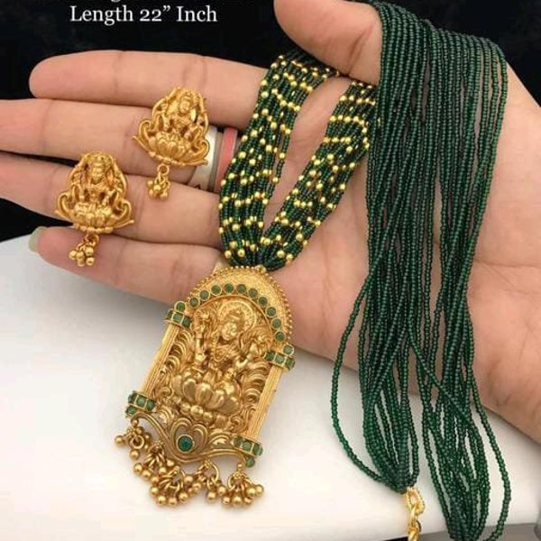 Premium Quality Kemp Stone Sugar Beads Mala Necklace, South indian Temple Jewelry, Antique Gold Plated Long Mango mala, Green/Red Gold Mala