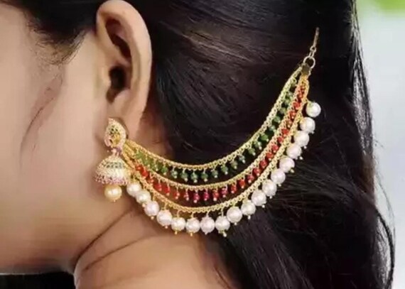 Buy Women's Bahubali Jhumka Earrings With Hair Chain By Bindhani