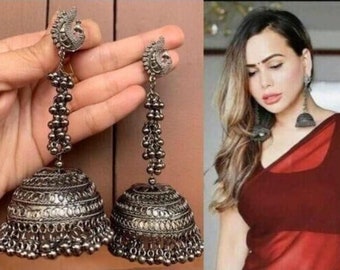 Oxidized Black Long Jhumka , Indian Jhumka, Indian Earrings, Oxidized Silver Indian Earrings, Bollywood Earrings, Afghani Earrings, Gifts