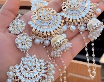 Gorgeous Golden Chandbaliya, Kundan Earrings With Maangtika Combo, Indian Earrings, Earrings, Bollywood Earrings, Afghani Earrings, Gifts