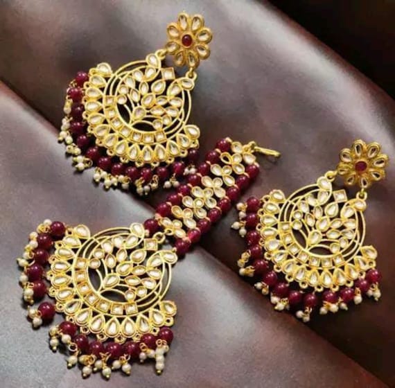 Kundan Pearls Chandbali Earrings With Maangtika Indian Jhumka