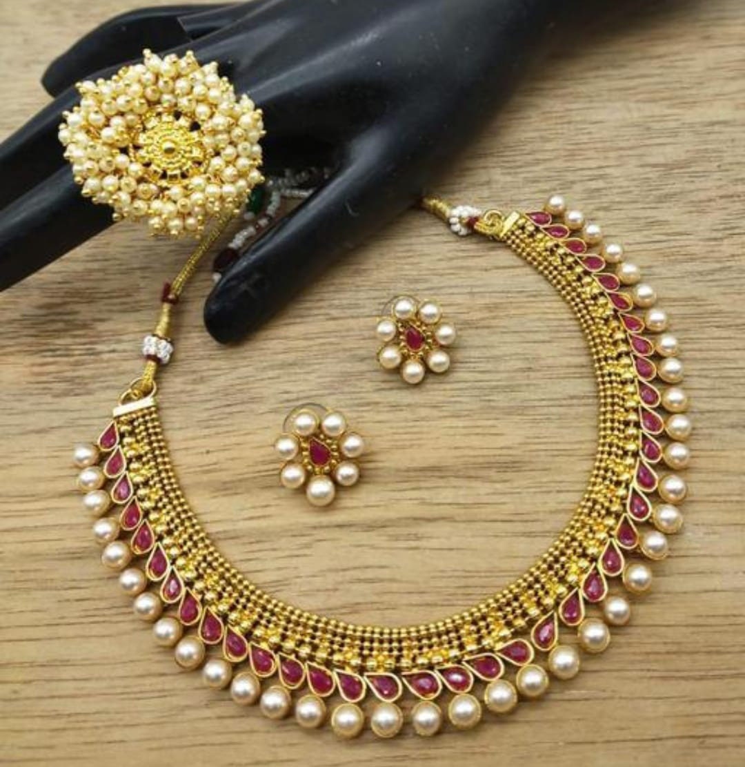 Floral Gold Plated Jewellery Set With Finger Ring south Indian Necklace Choker Necklace Choker Set Vintage Bollywood Jewelry Etsy Australia