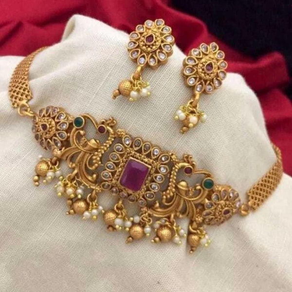 Parure de bijoux en plaqué or du sud de l'Inde / Collier de l'Inde du Sud / Collier ras de cou / Ensemble ras de cou / Bijoux Bollywood / Bijoux indiens / Cadeaux