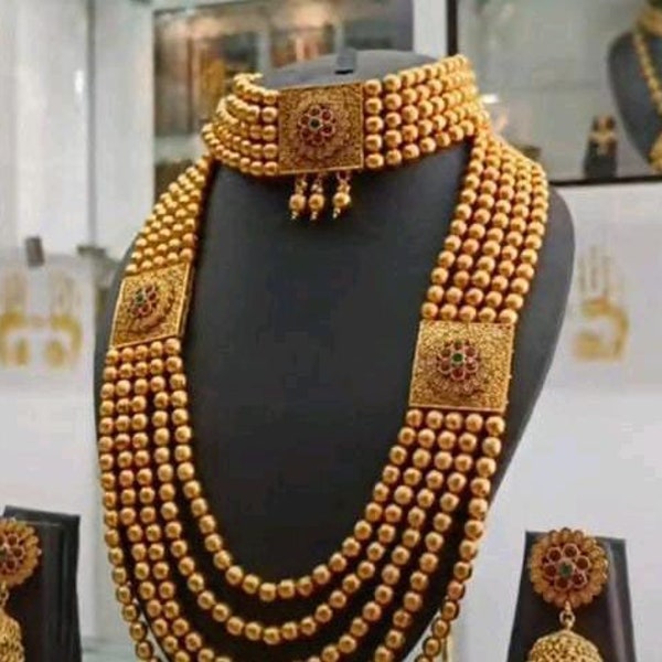 Antique Gold Beaded Manikya Latkan Neckchain Gold South Indian Necklace Set/ Choker Necklace /Bollywood Jewelry/ Indian Jewelry/ Gifts