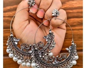 Oxidized Silver Hoop Earrings for Saree