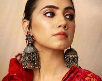 Bollywood oxidized Tribal Chandbali earrings. Sonam kapoor replica Indian earrings long earrings silver plated afghani tribaL earrings