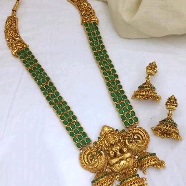 Green Kempo Work  Long Haram Matte Golden Temple South Indian Necklace Set/ Gold Lakshmi Necklace / Bollywood Jewelry/ Indian Jewelry/ Gifts