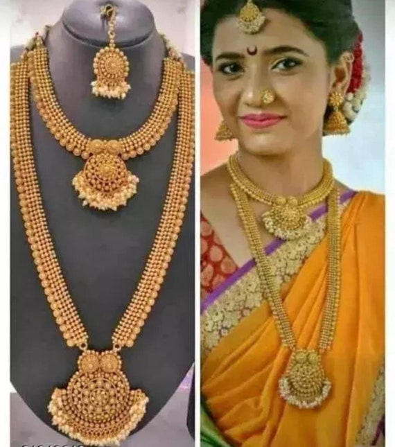 Antique Long Matte Golden Temple South Indian Necklace Set Choker