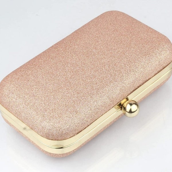 Glitter Peach Rectangular Shaped Clutch/Handbag/Purse With Detachable Gold Plated Chain Strap For Women & Girls for Evening Party,Casual Etc