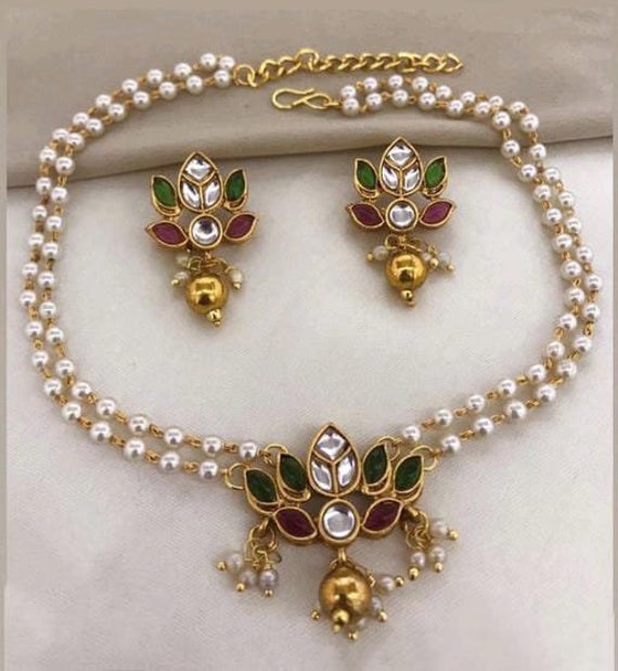 Lotus Gold Plated Jewellery Set South Indian Necklace Choker Necklace Choker Set Vintage Bollywood Jewelry Indian Jewelry Gifts