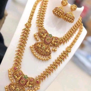 Antique Long Matte Golden Temple South Indian Necklace Set/ Choker Necklace / Choker Set/ Vintage / Bollywood Jewelry/ Indian Jewelry/ Gifts