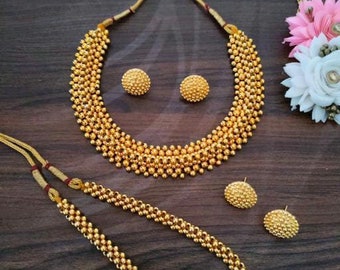 Marathi Look Antique Long Matte Golden Temple Necklace Set/ Choker Necklace / Choker Set/ Vintage / Bollywood Jewelry/ Indian Jewelry/ Gifts