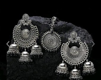 Bahubali Oxidized Silver And Gold Plated Earrings Mangtika Set, Jhumka Earrings, Ethnic Earrings, Casual Wear Earrings, Afghani Earrings