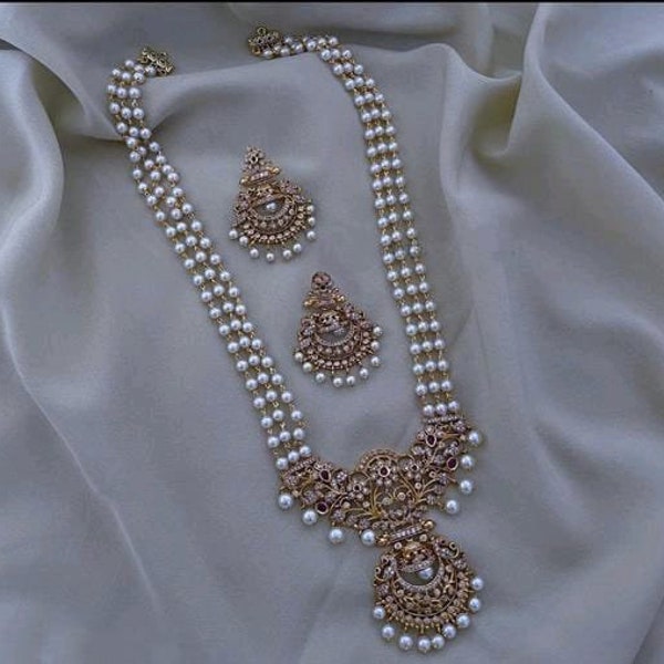 AD Matte Exclusive Kempu Premium Long Haram South Indian Gold Necklace Long Chain Set, Indian Jewelry, Kundan Polki Diamond Temple Necklace