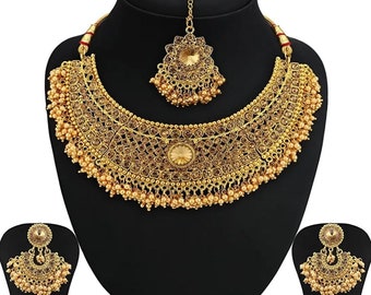 South Indian Gold Beaded Jewelry Set /Indian Choker Necklace/ Choker Set / Bollywood Jewelry/ Indian Jewelry/ Gold Bridal Jewelry Set