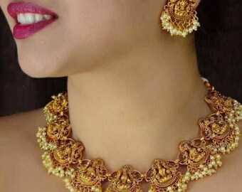 Temple Gold Plated Jewellery Set /South Indian Necklace / Choker Necklace / Choker Set/ Vintage / Bollywood Jewelry/ Indian Jewelry/ Gifts