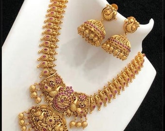 Ruby Stone Gold Finish Jewellery Set /South Indian Necklace / Wedding Ethnic Jewellery Set/ Vintage / Bollywood Jewelry/ Indian JewelryGifts