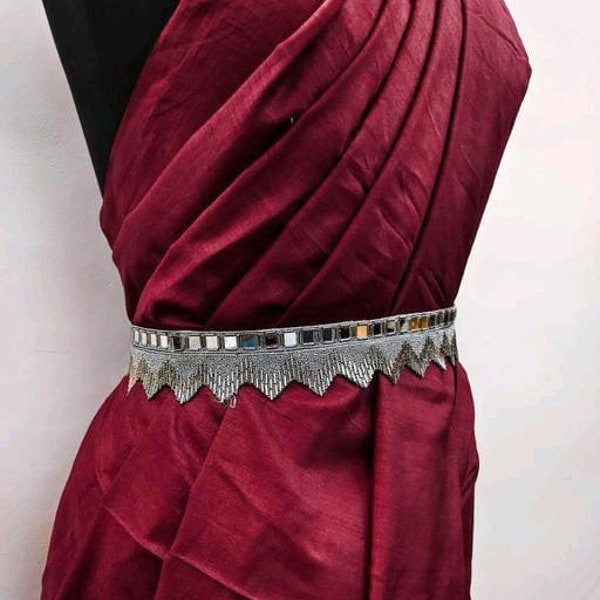 Silver Kundan Fabric Waist Belt, South Indian traditional vaddanam, Fabric hip belt, saree kamarband Bollywood stone hip belt, Silver belt