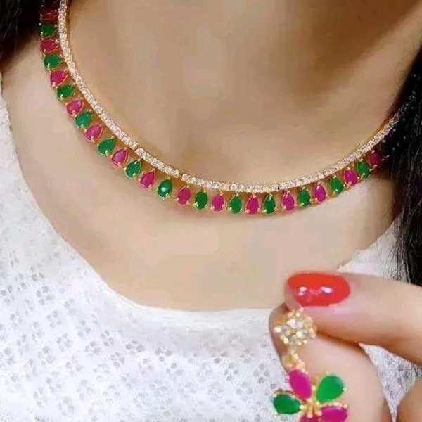 Diamant américain plaqué or Indian Bridal multi Gemstone Jewelry Set pour femmes / Indian Oxidized Bridesmaid Necklace Set / Choker Necklace Set