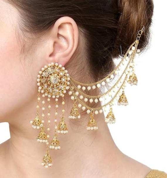 Amazon.com: Bindhani Gold Plated Bahubali Earrings Hair Chain With Small  Dangling Jhumki Crafted By Indian For Women: Clothing, Shoes & Jewelry