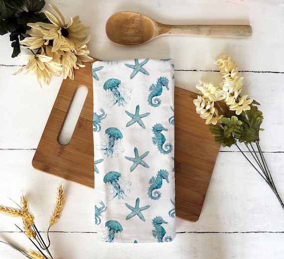 Teal Seahorse Watercolor Kitchen Hand Towel | Decorative Hand Towel