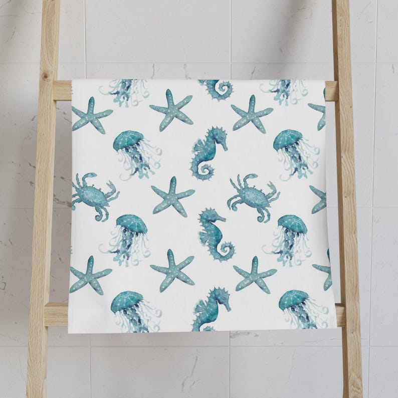 Toalla de mano de cocina con acuarela de caballito de mar verde azulado / Toalla de mano decorativa imagen 5