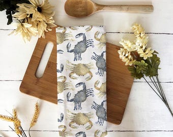 Essuie-mains havane bleu crabe aquarelle | Linge décoratif pour cuisine Coastal