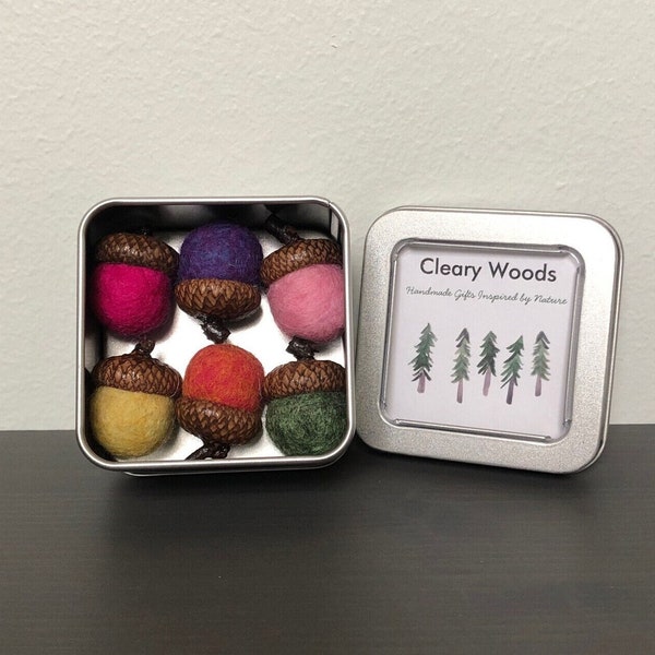 Set of 6 Felted Wool Acorn Magnets in a Tin Box, Refrigerator Magnets, Flower Garden Colors, Nature Lover Gift, Decorative Magnets