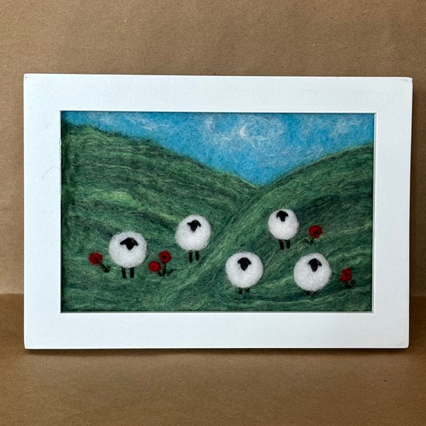 Framed Needle Felted Picture, Felted Wool Painting, Felted Landscape with Sheep and Poppies, Wool Art, Felted Artwork, Textile Art