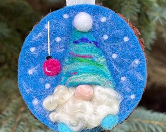 Felted Wool Christmas Ornament, Needle Felted Gnome Ornament, Mounted on Natural Wood