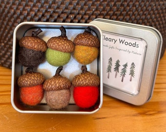 Set of 6 Felted Wool Acorn Magnets in a Tin Box, Refrigerator Magnets, Autumn Colors, Fall Decor, Decorative Magnets