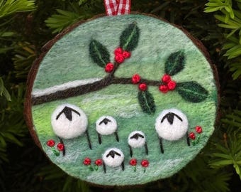 Felted Wool Christmas Ornament, Needle Felted Ornament, Mounted on Natural Wood, 5 Sheep Family Ornament