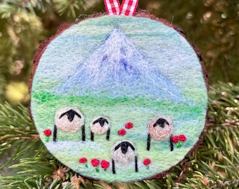 Felted Wool Christmas Ornament, Needle Felted Ornament, Mounted on Natural Wood, Wool Sheep Ornament With Mountains