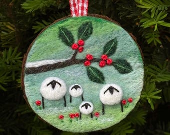 Felted Wool Christmas Ornament, Needle Felted Ornament, Mounted on Natural Wood, Felted Wool Sheep Ornament