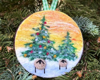 Felted Wool Christmas Ornament, Needle Felted Ornament, Mounted on Natural Wood, Felted Wool Sheep Ornament with Christmas Tree and Sunset