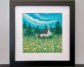 Felted Wool Landscape with Cottage and Daisies, 8"x8" Frame (matted to 6"x6"), Original Needle Felted Picture, Framed Felted Wool Painting