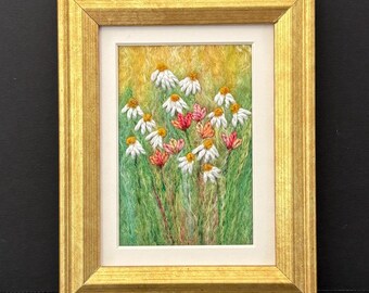 Felted Wool Floral Painting, Framed Fiber Art (3x5 inches), Tulip and Daisy Picture