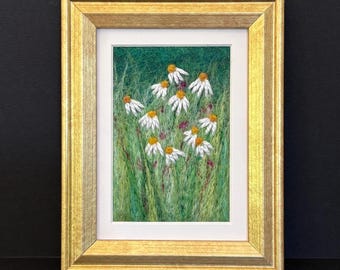 Felted Wool Daisy Painting, Framed Fiber Art (3x5 inches)