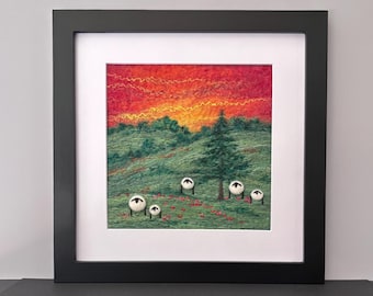 Felted Wool Landscape with Sheep, 8"x8" Frame (matted to 6"x6"), Original Needle Felted Picture, Framed Felted Wool Painting
