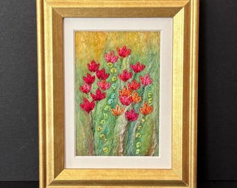 Felted Wool Tulip Painting, Framed Fiber Art (3x5 inches),