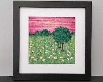 Felted Wool Landscape with Tree and Daisies, 8"x8" Frame (matted to 6"x6"), Original Needle Felted Picture, Framed Felted Wool Painting